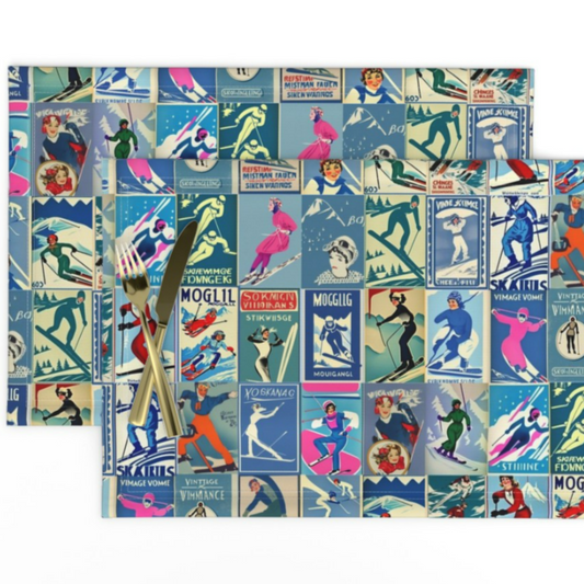 Placemats in Women Vintage inspired  Ski Art in Blue You get a set of 2 made with 100% Cotton Linen