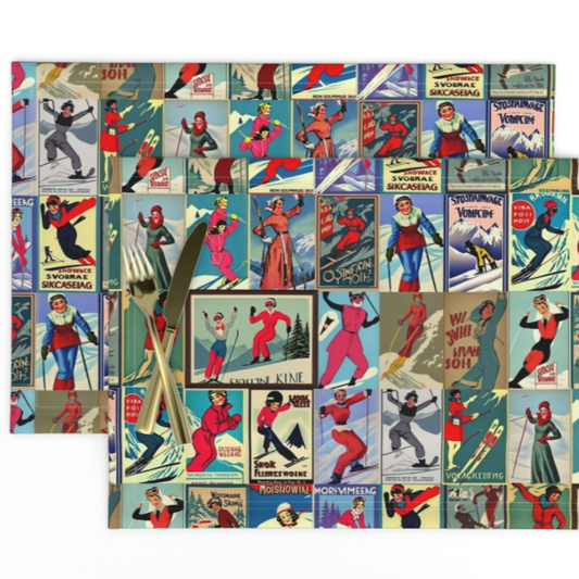 Placemats in Women Vintage inspired  Ski Art in red. You get a set of 2 made with 100% Cotton Linen
