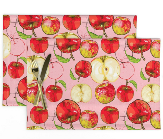 Placemats in Autumn Apples in pink You get a set of 2 made with 100% Cotton Linen