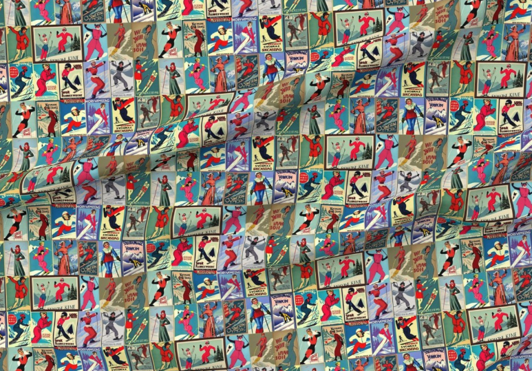 Fabric Vintage Style women Skiers Collage Art 100% cotton for Art, Crafts and Sewing projects