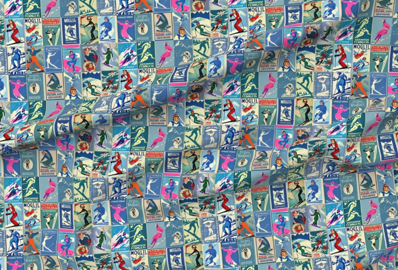 Fabric Vintage Style women Skiers in blue Collage Art 100% cotton for Art, Crafts and Sewing projects