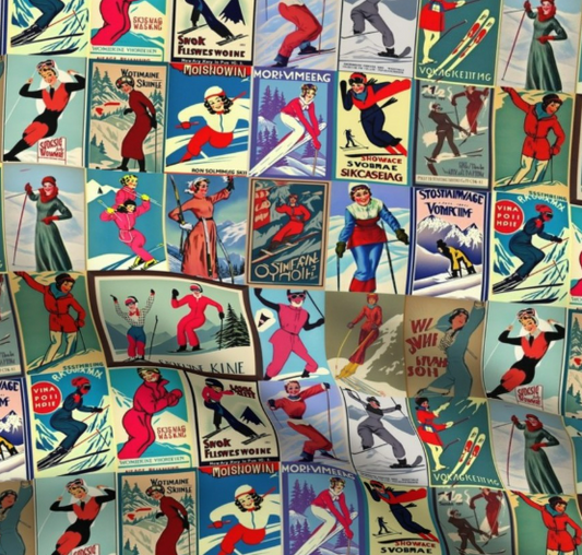 Fabric Vintage Style women Skiers Collage Art 100% cotton for Art, Crafts and Sewing projects