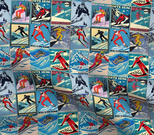 Fabric Vintage Style men Skiers Collage Art 100% cotton for Art, Crafts and Sewing projects