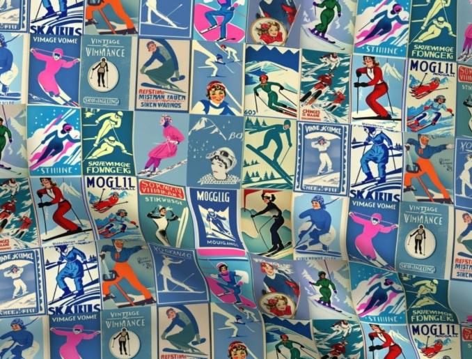 Fabric Vintage Style women Skiers in blue Collage Art 100% cotton for Art, Crafts and Sewing projects