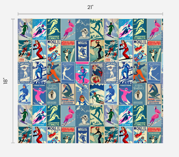 Fabric Vintage Style women Skiers in blue Collage Art 100% cotton for Art, Crafts and Sewing projects