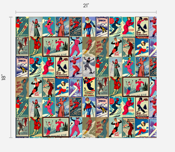 Fabric Vintage Style women Skiers Collage Art 100% cotton for Art, Crafts and Sewing projects