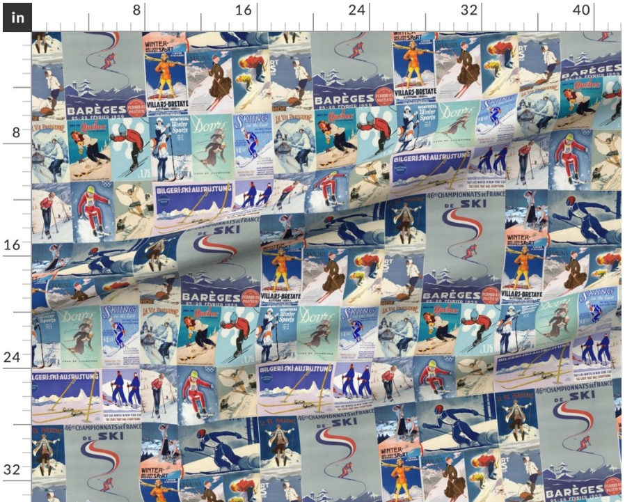Fabric in Vintage Posters collage Skiers mix in blues