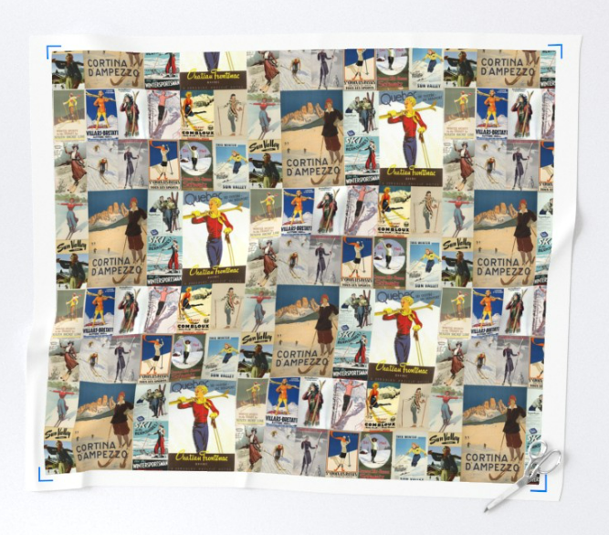 Fabric in Vintage Poster collage Women Skiers
