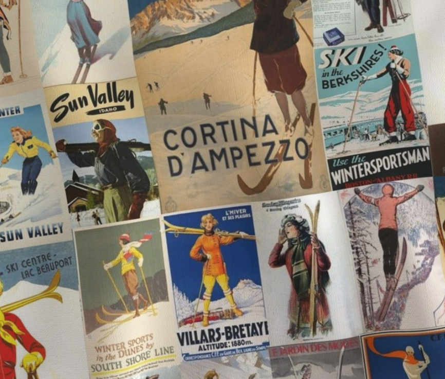 Fabric in Vintage Poster collage Women Skiers