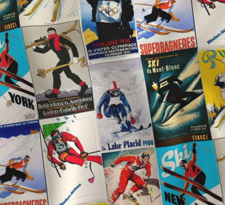 Fabric in Vintage Poster collage Men Skier Racer