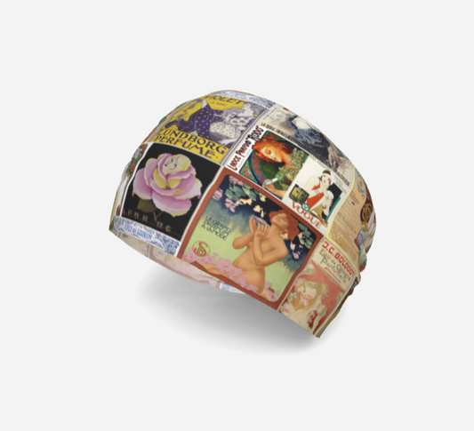 Headband or scarf in perfume vintage art collage made entirely in Canada, perfect gift for anyone