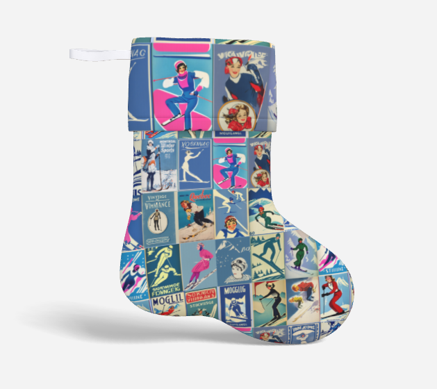 Bas de Noël bleu inspiré du ski vintage fait à la main à Montréal, tissu de qualité