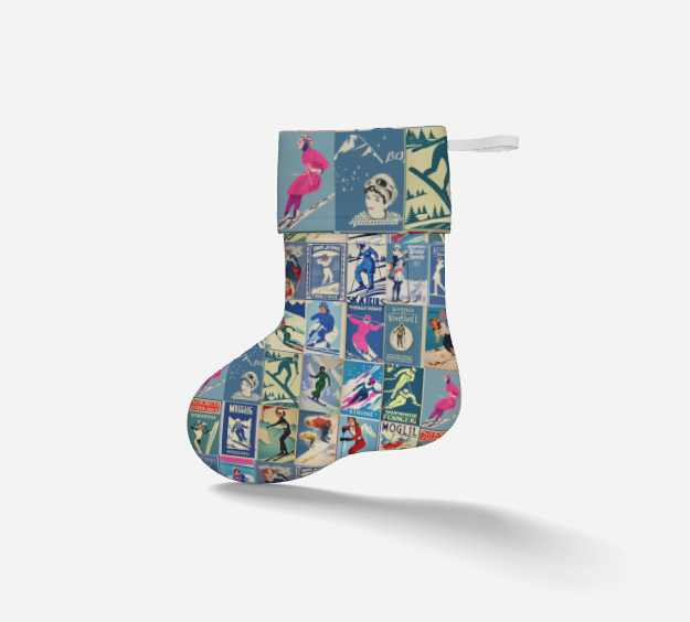 Bas de Noël bleu inspiré du ski vintage fait à la main à Montréal, tissu de qualité