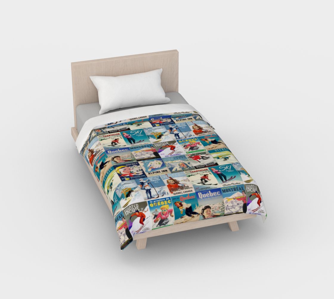 Collection de housses de couettes et d'affiches de ski vintage du Québec, fabriquées à Montréal