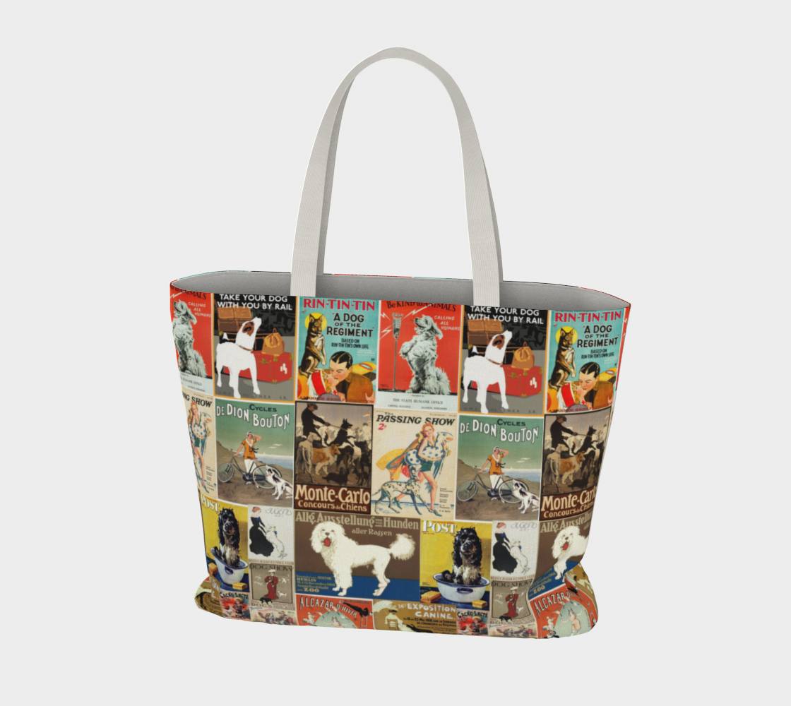 Tote Large Cotton Canvas in Vintage dog poster collage made in Canada