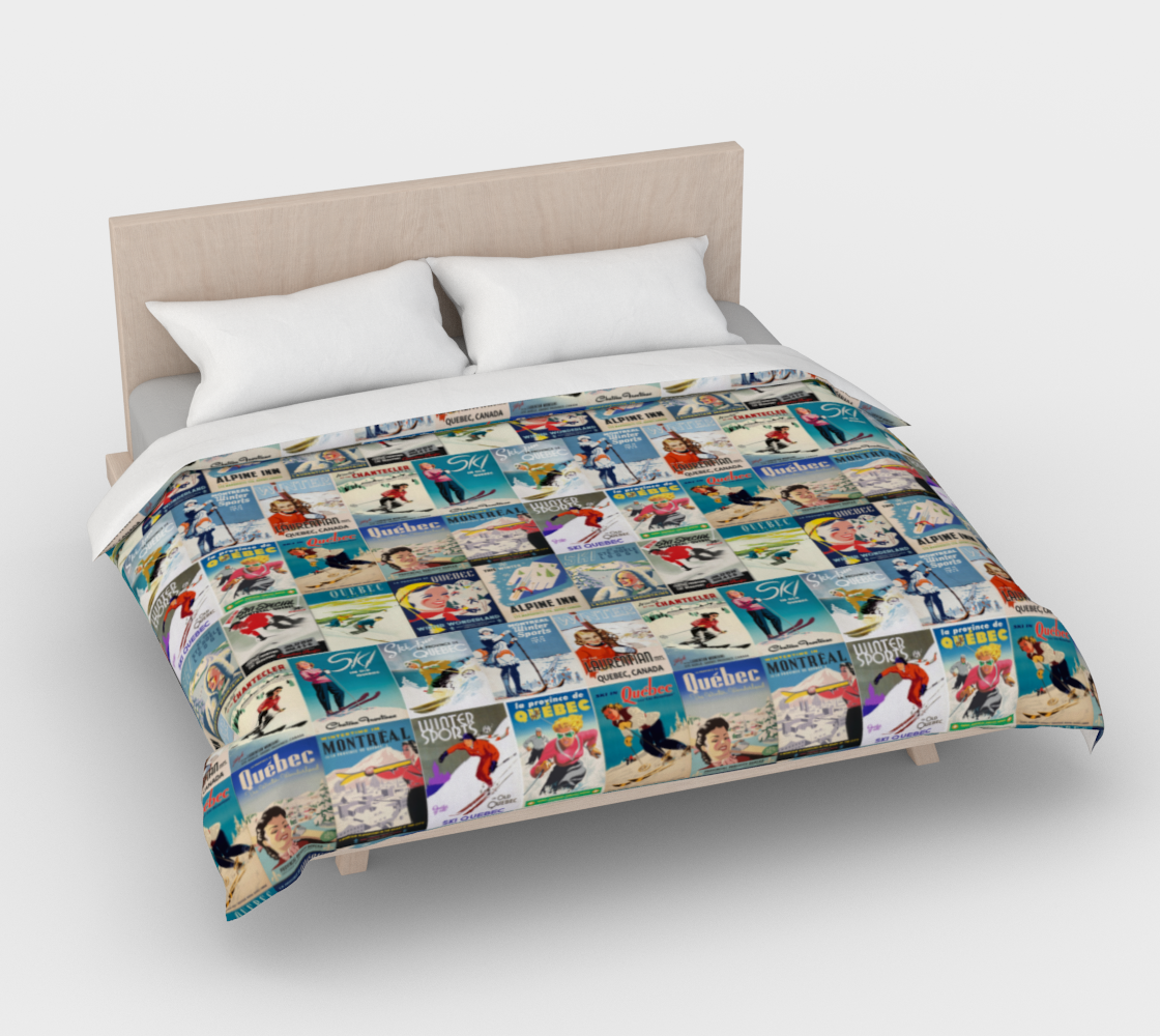 Collection de housses de couettes et d'affiches de ski vintage du Québec, fabriquées à Montréal
