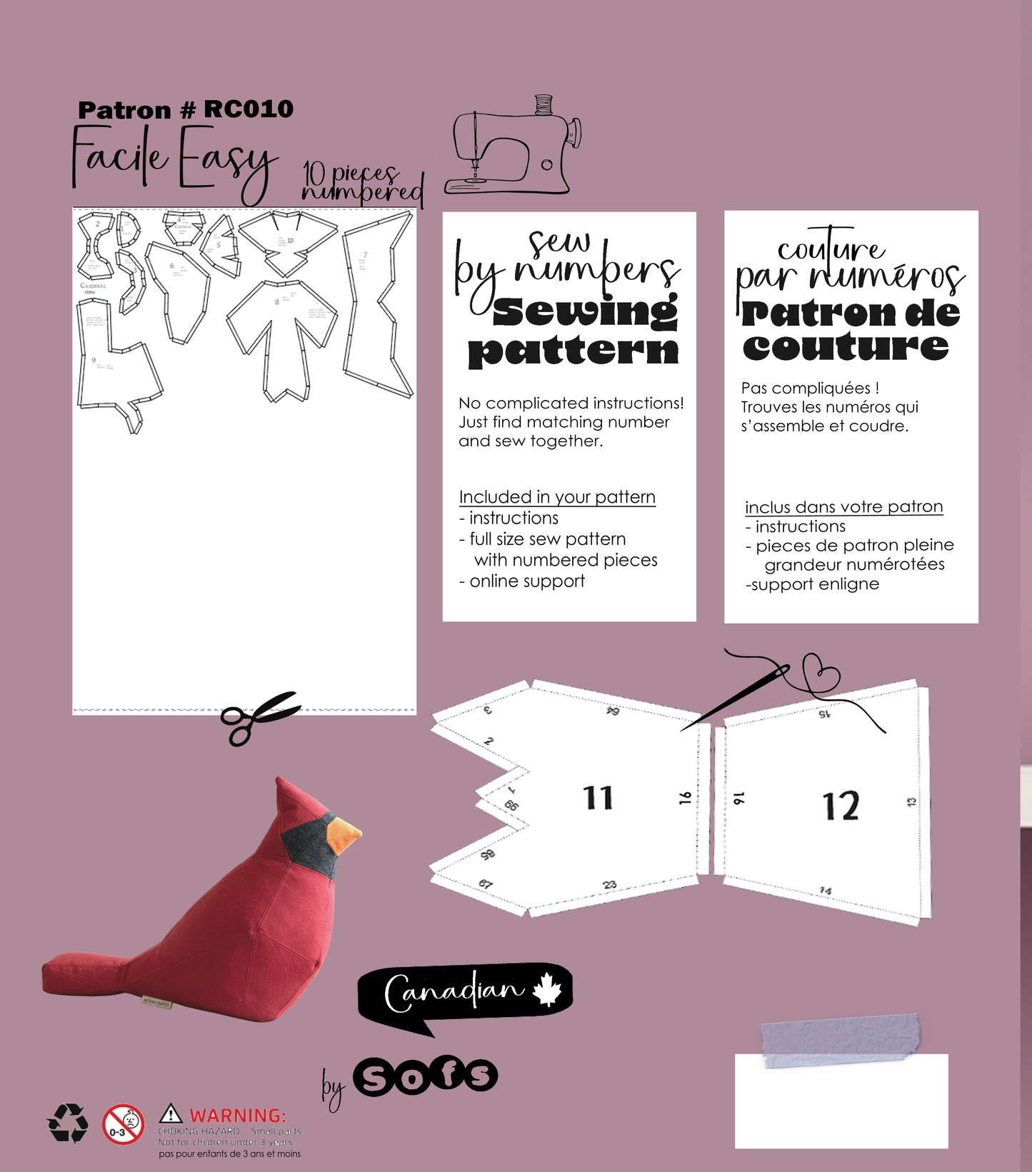 Sewing Patterns Red Cardinal– Sew by Numbers Plush Pattern -