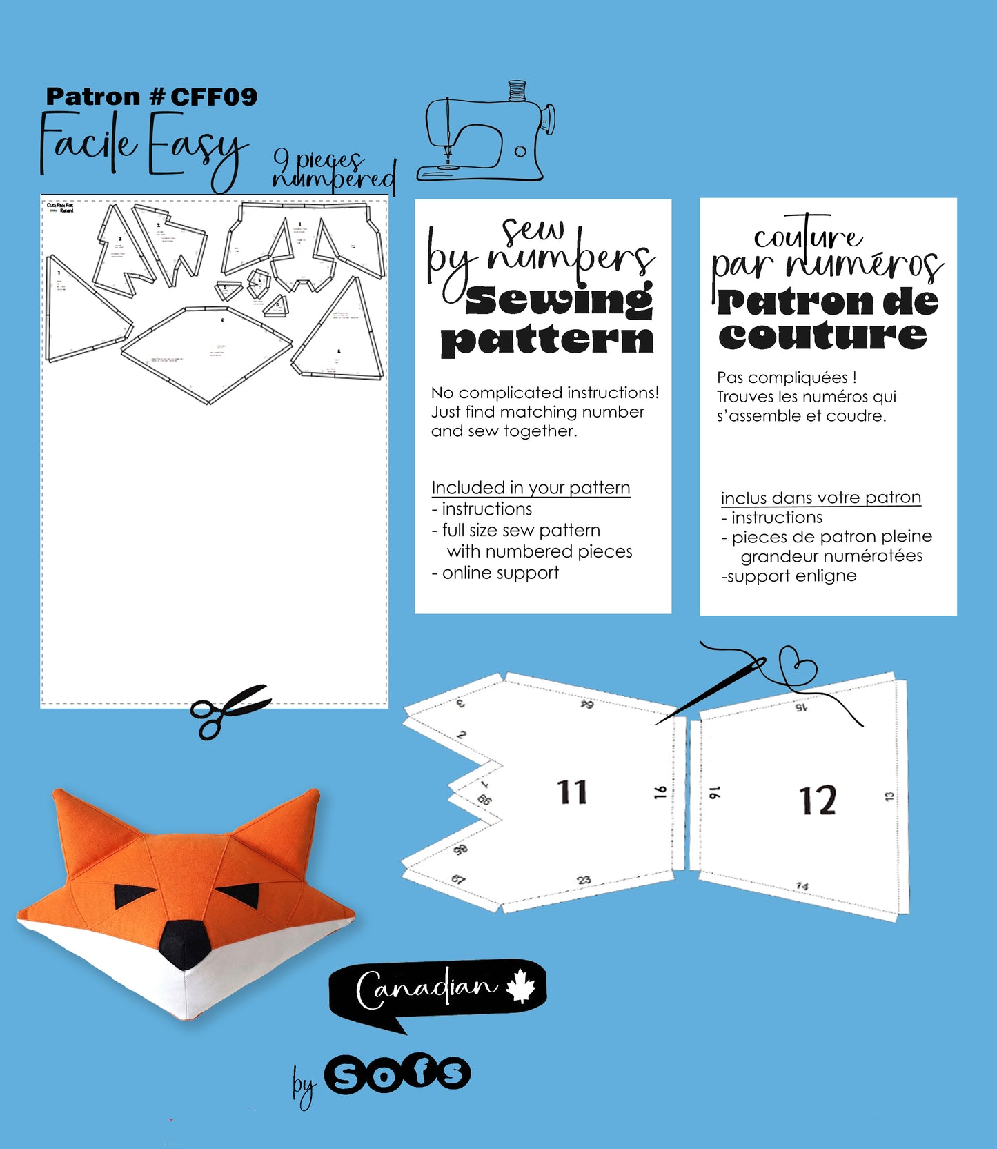 Sewing Patterns Cute Face Fox– Sew by Numbers Plush Pattern - Made in Canada