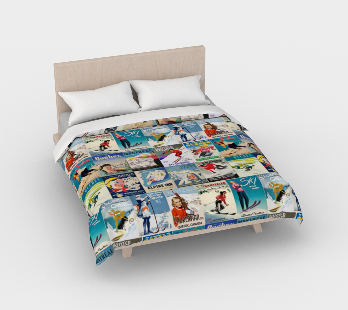 Collection de housses de couettes et d'affiches de ski vintage du Québec, fabriquées à Montréal