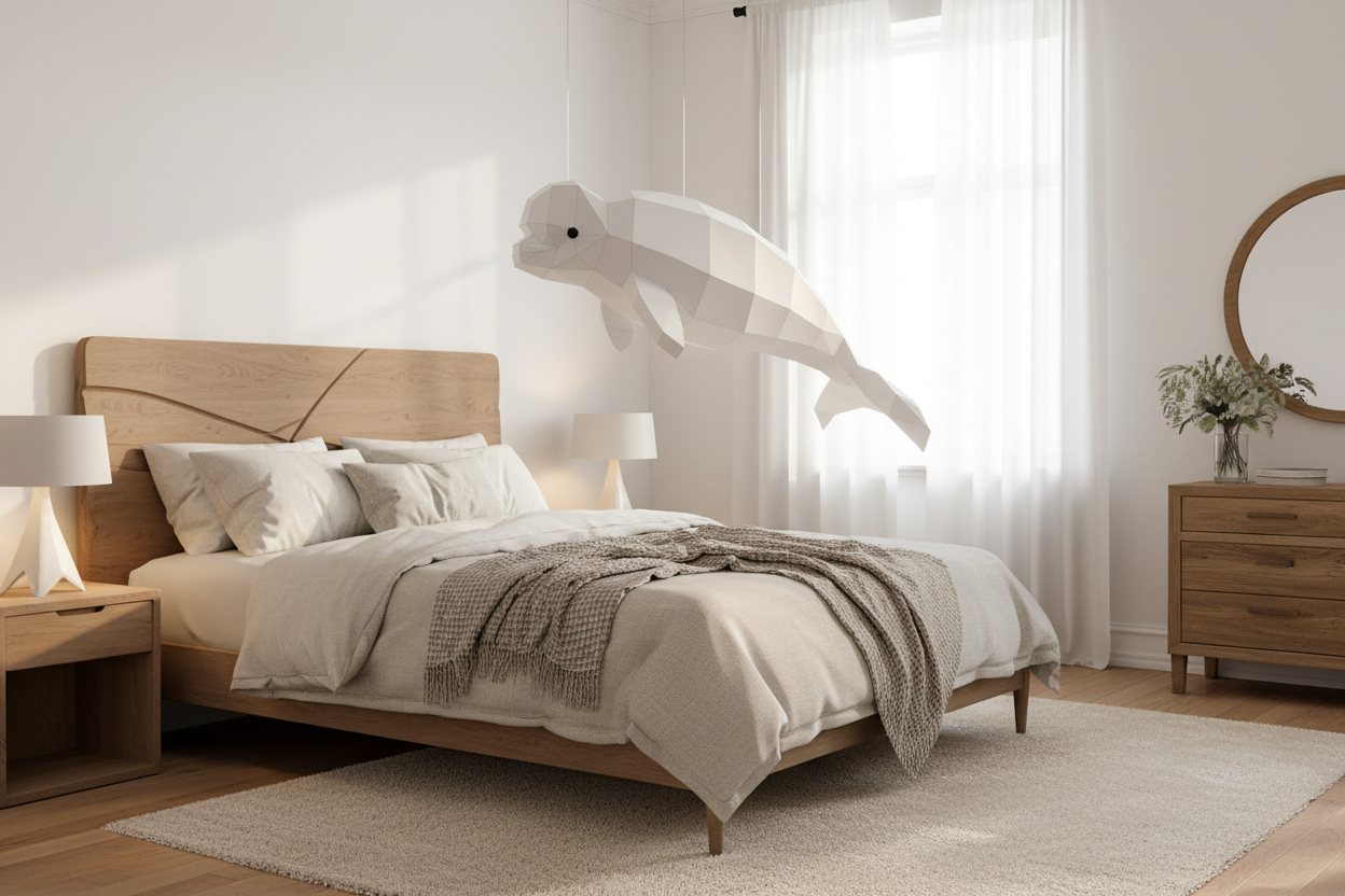 A white low-poly paper model of a beluga whale, photographed from a side profile against a solid, warm gray background.