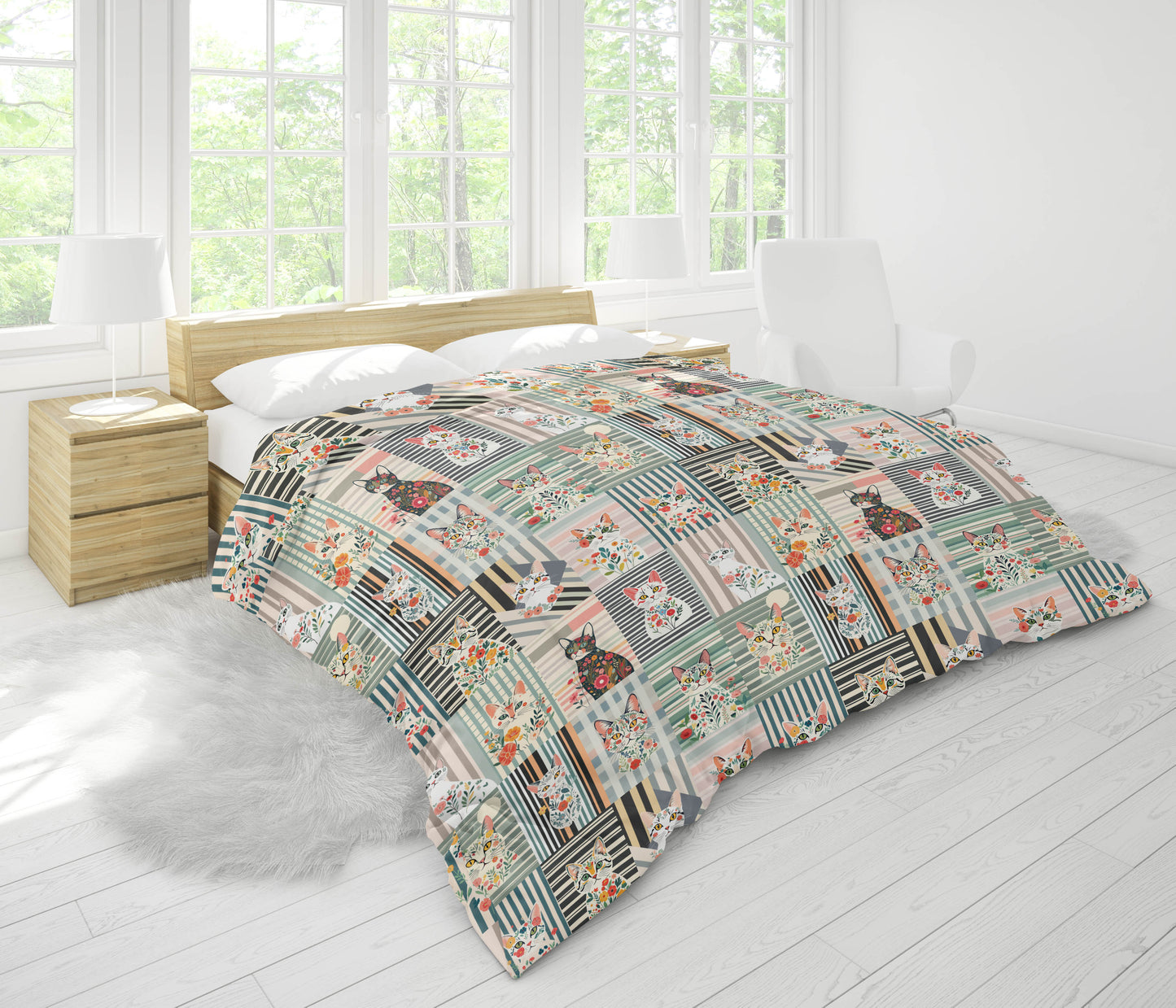 Duvet Cover in Stripe Cat Collage for the nicest sleep. Made of quality 100% cotton in Canada