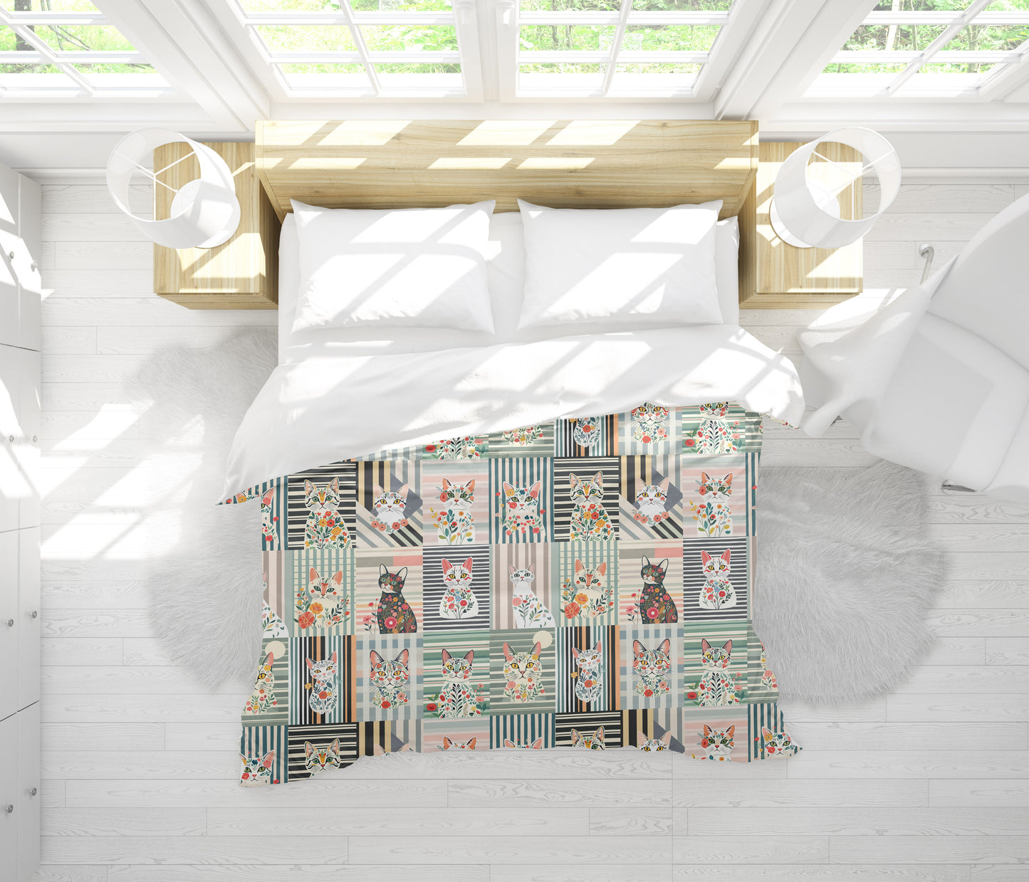 Duvet Cover in Stripe Cat Collage for the nicest sleep. Made of quality 100% cotton in Canada