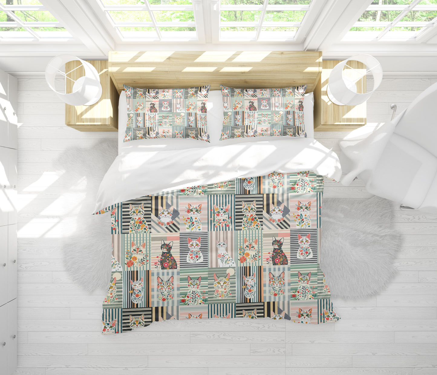 Duvet Cover in Stripe Cat Collage for the nicest sleep. Made of quality 100% cotton in Canada