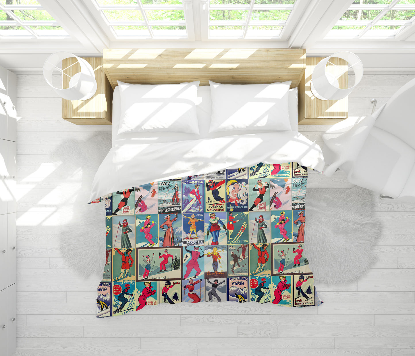 Housse de couette au style vintage femme Ski en rouge Collage pour le plus agréable des sommeils. Fabriqué en 100% coton de qualité au Canada