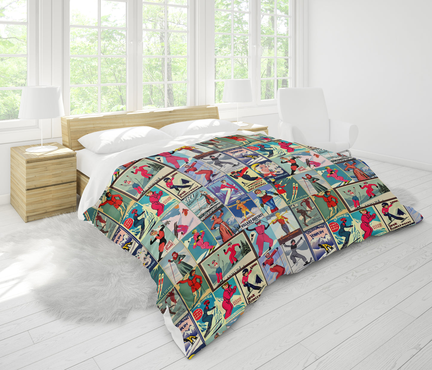 Housse de couette au style vintage femme Ski en rouge Collage pour le plus agréable des sommeils. Fabriqué en 100% coton de qualité au Canada