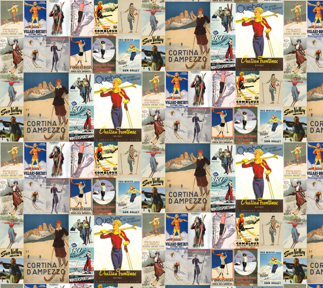 Fabric in Vintage Poster collage Women Skiers