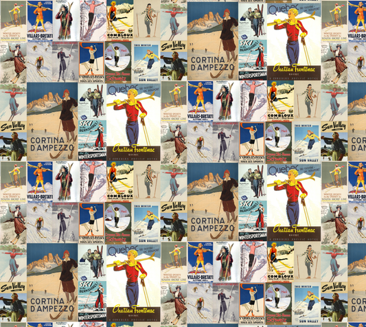 Fabric in Vintage Poster collage Women Skiers