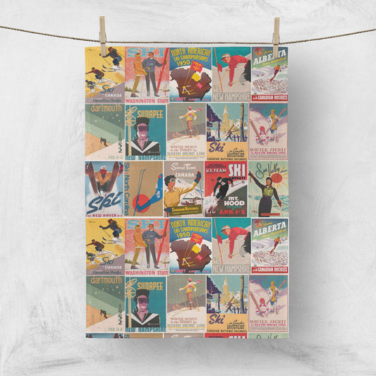 Tea towel medium size Ski North America vintage poster collage