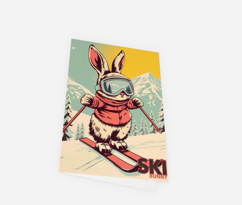 Carte de vœux mignonne avec un lapin de ski et un amour de lapin, vierge à l'intérieur pour toute occasion, livrée avec une enveloppe