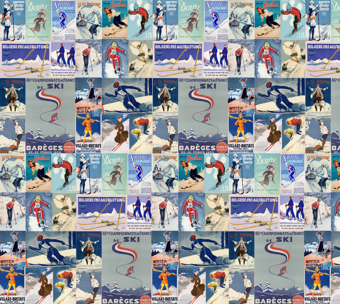 Fabric in Vintage Posters collage Skiers mix in blues