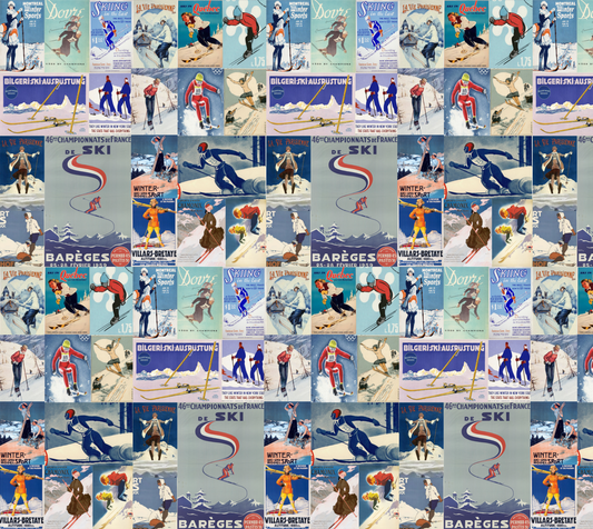 Fabric in Vintage Posters collage Skiers mix in blues