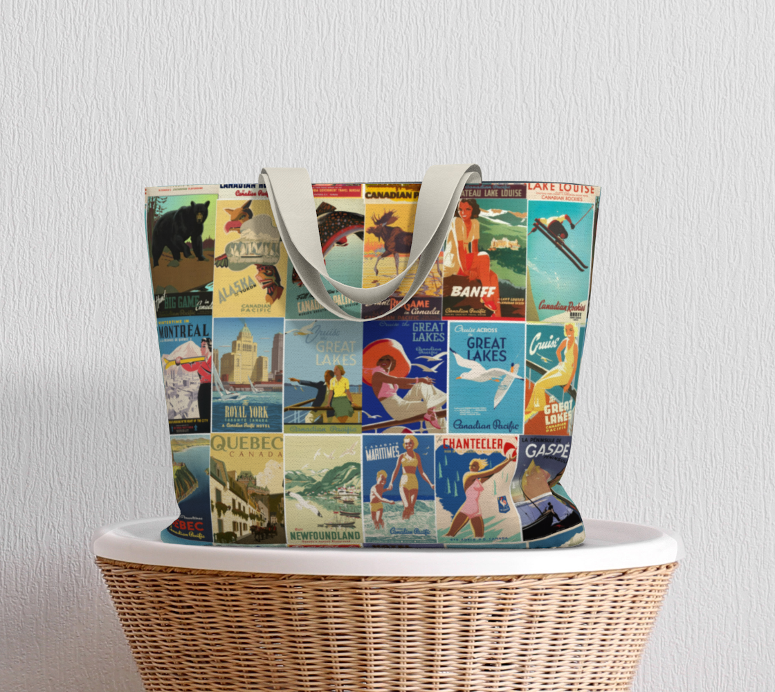 Tote Large Cotton Canvas in Vintage Travel Canada poster collage