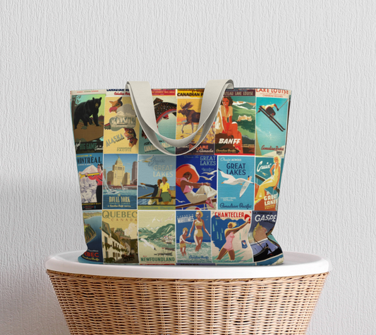 Tote Large Cotton Canvas in Vintage Travel Canada poster collage