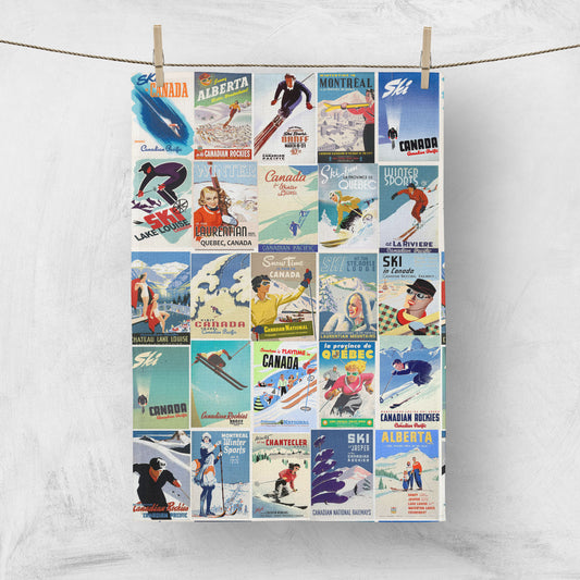 Tea towel medium size Ski Canada vintage poster collage