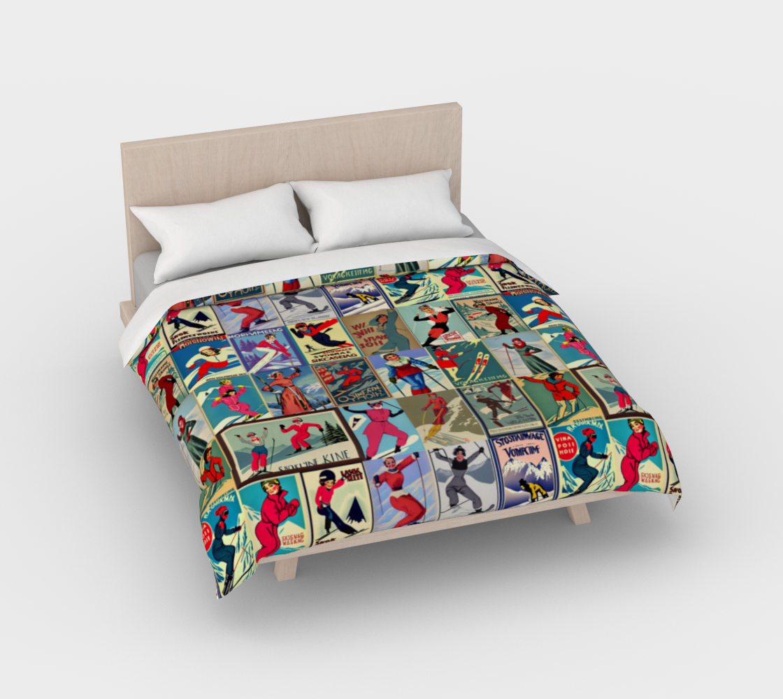 Duvet Cover in Vintage Style women Ski in red Collage for the nicest sleep. Made of quality 100% cotton in Canada