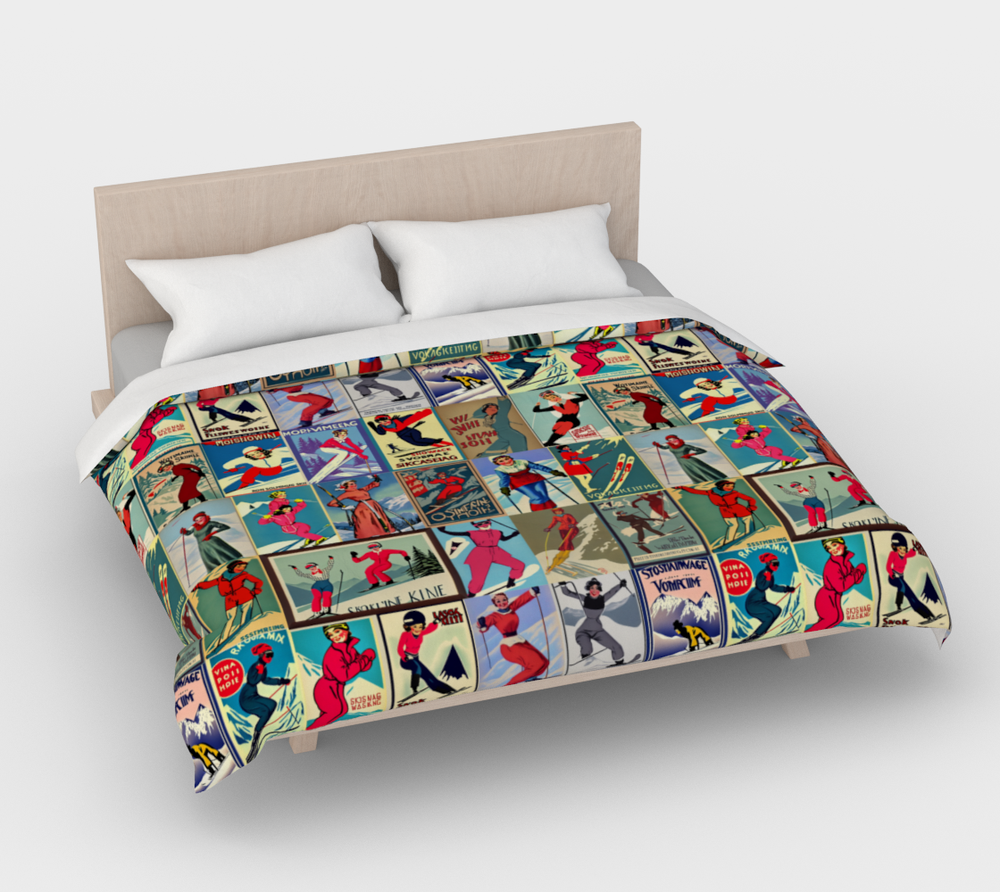 Duvet Cover in Vintage Style women Ski in red Collage for the nicest sleep. Made of quality 100% cotton in Canada