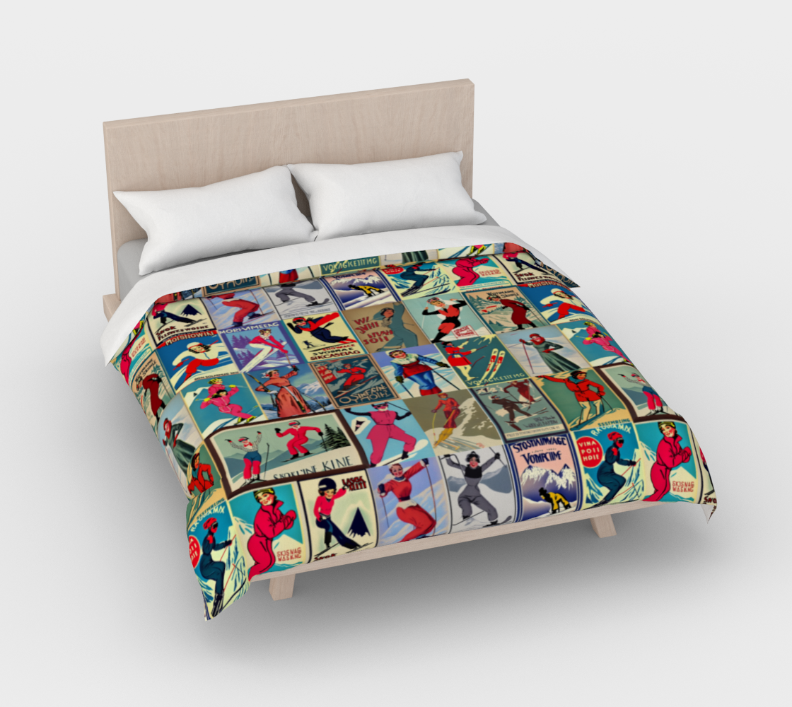 Duvet Cover in Vintage Style women Ski in red Collage for the nicest sleep. Made of quality 100% cotton in Canada