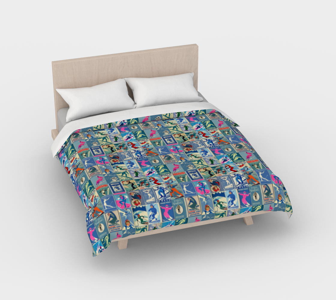 Duvet Cover in Vintage Style Women Ski in blue Art Collage for the nicest sleep. Made of quality 100% cotton in Canada