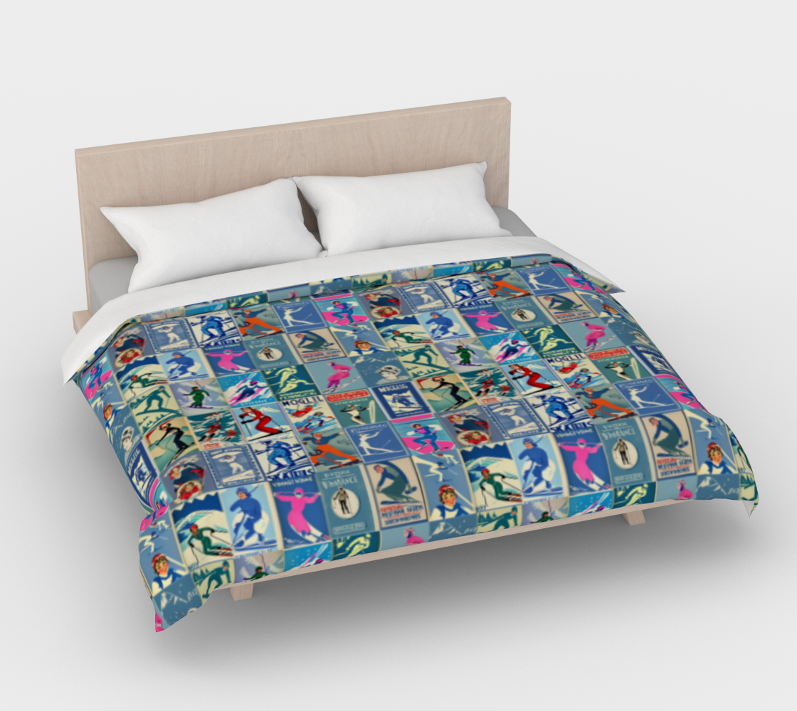 Duvet Cover in Vintage Style Women Ski in blue Art Collage for the nicest sleep. Made of quality 100% cotton in Canada