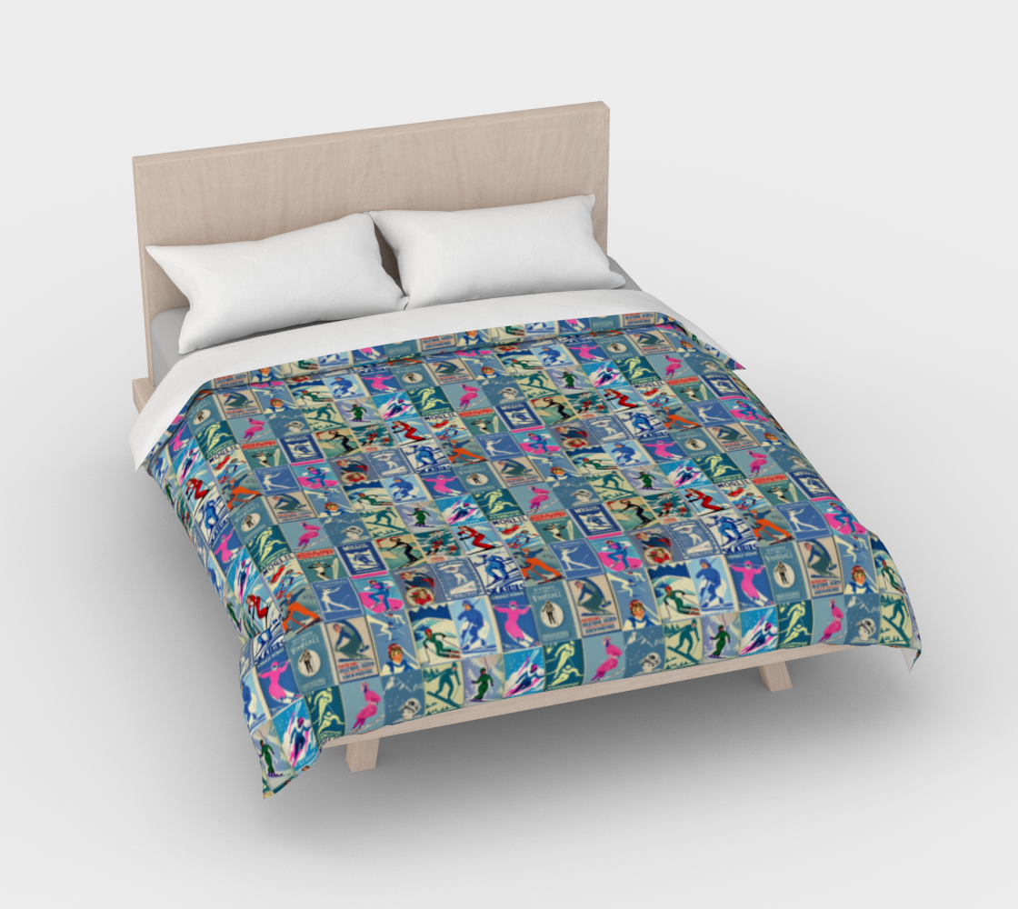 Duvet Cover in Vintage Style Women Ski in blue Art Collage for the nicest sleep. Made of quality 100% cotton in Canada