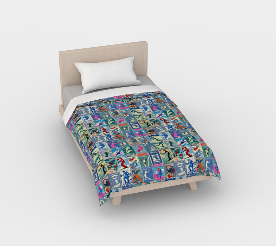 Duvet Cover in Vintage Style Women Ski in blue Art Collage for the nicest sleep. Made of quality 100% cotton in Canada