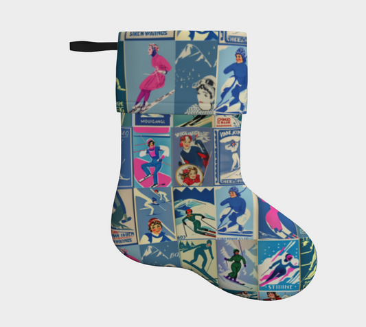 Stocking in blue Vintage inspired Skiing Art hand made in Montreal, quality fabric