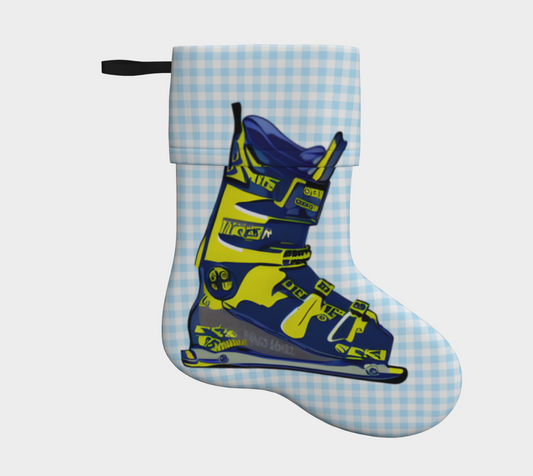 Bas de Noël de bottes de ski bleu et jaune