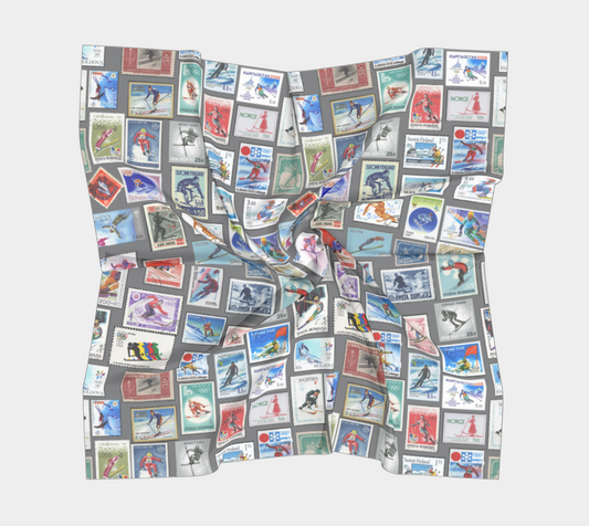 Scarf in Vintage Ski Stamps collage soft and made in Canada