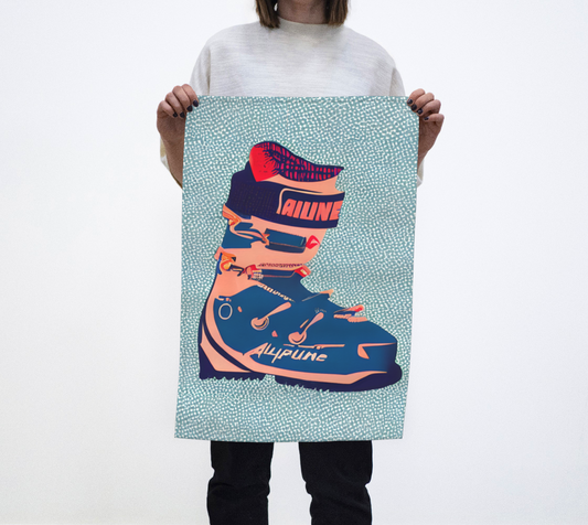 Tea towel ski boots blue orange made in Canada 100% cotton