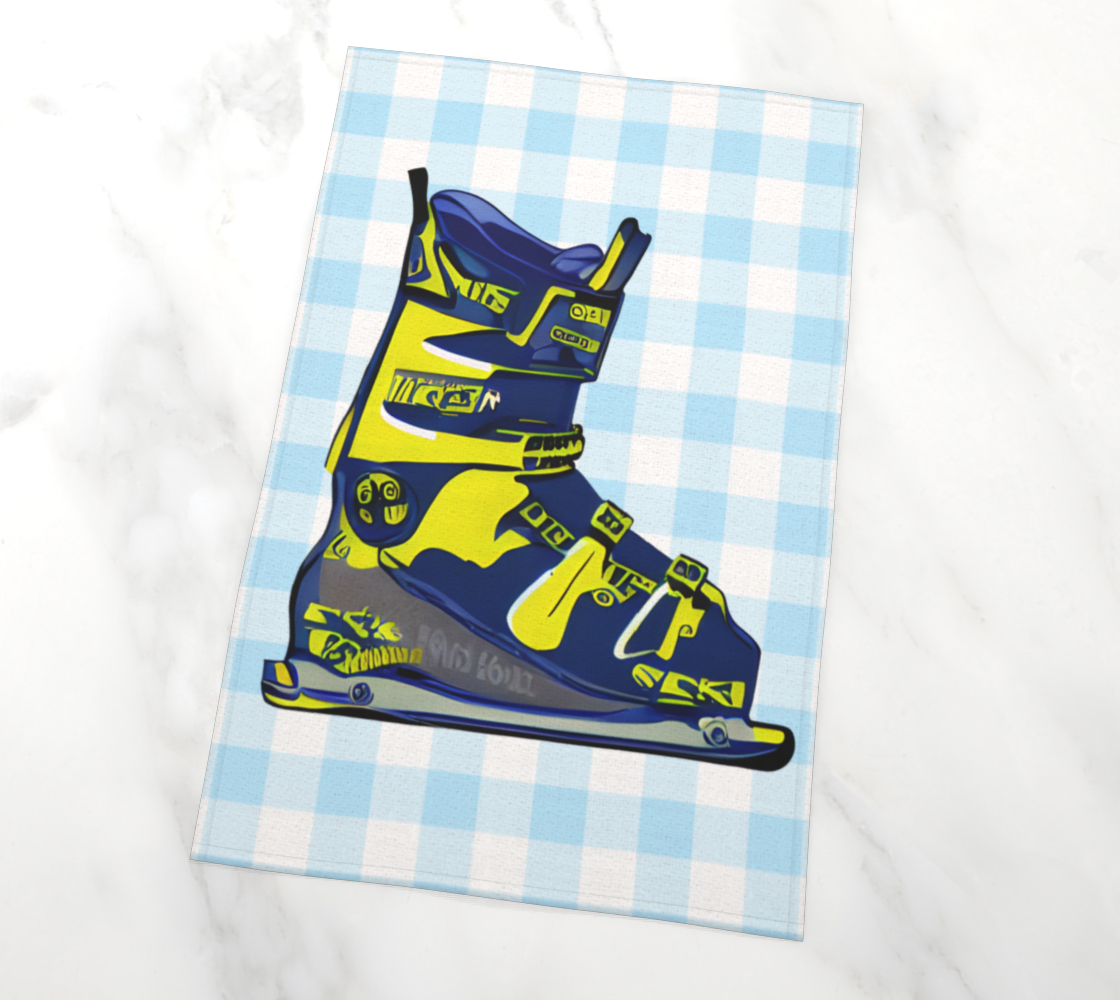 Tea towel ski boots blue and yellow made in Canada